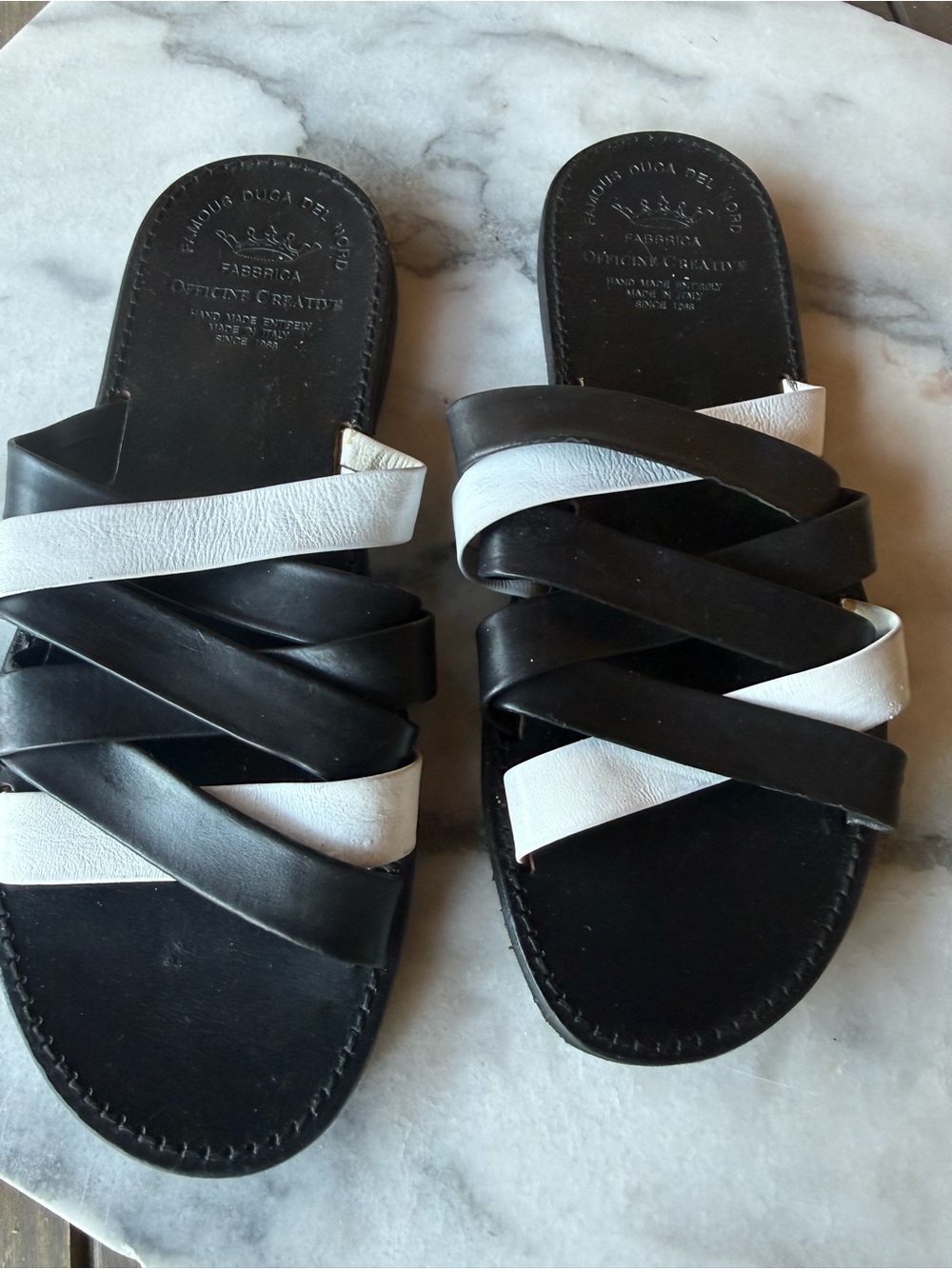 OFFICINE CREATIVE Black & White Leather Slide Sandals 8.5